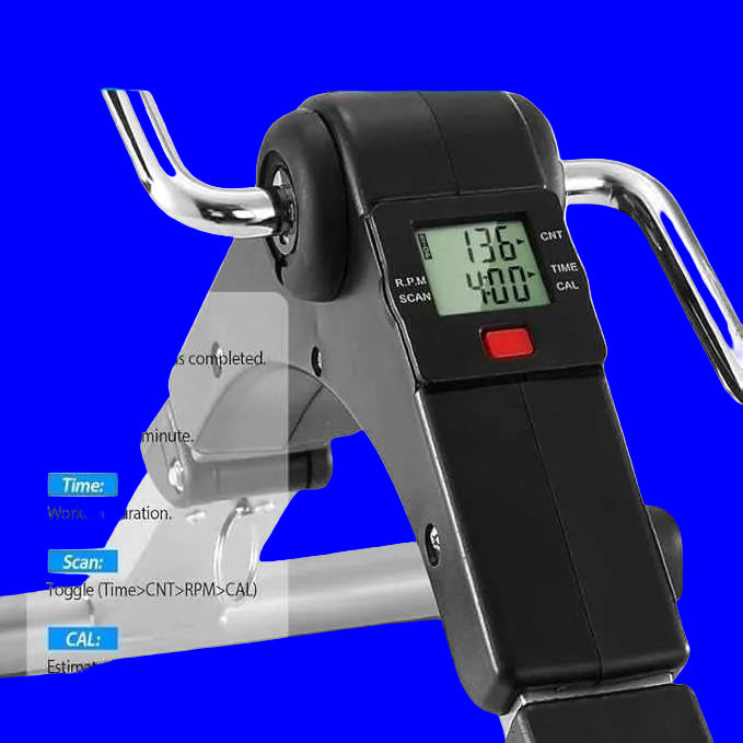 Digital display on a piece of exercise equipment with labeled functions.