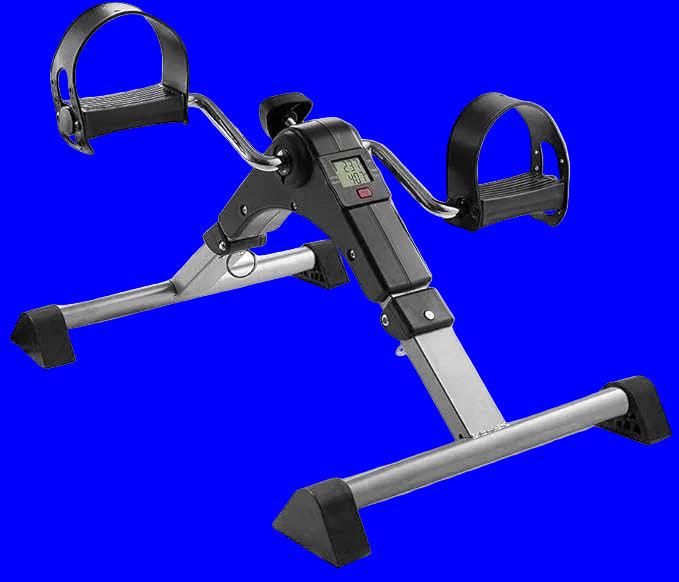 Mini exercise bike with digital display on a white background