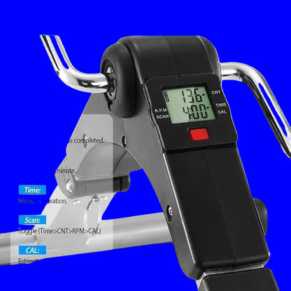 Digital display on a piece of exercise equipment with labeled functions.