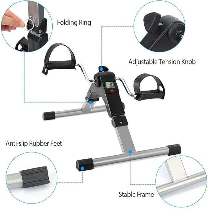 Exercise bike with features highlighted on a white background
