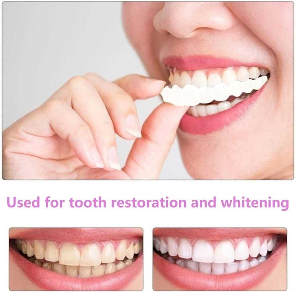 Person using a dental restoration product with before and after images of teeth.